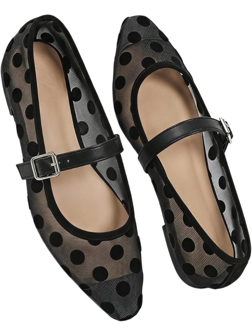 Women's Black Mesh Polka Dots Mesh Ballet Flats Cute Lace Ballerina Casual Shoes